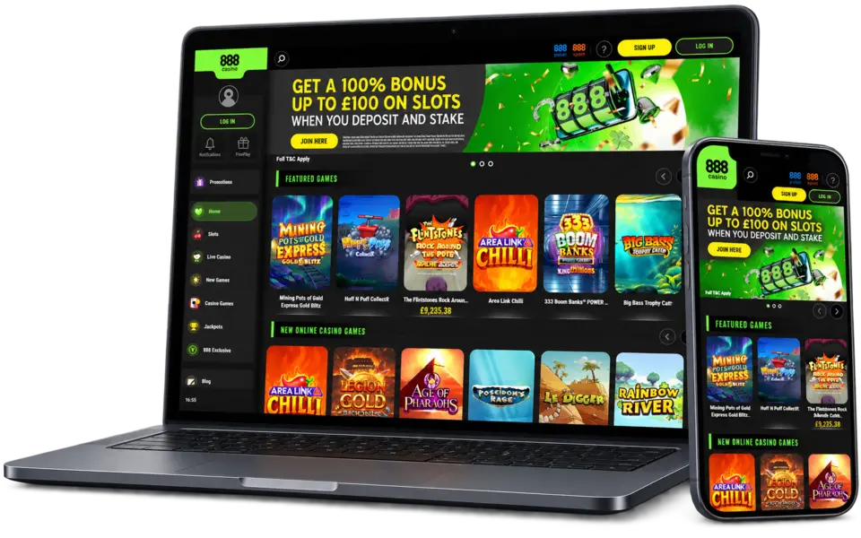 Page d’accueil de 888casino sur ordinateur et mobile