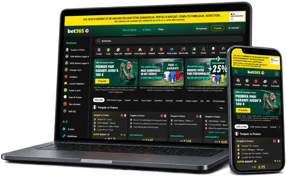 Page de bet365 sur ordinateur et mobile