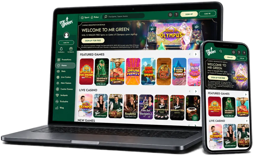 Page d’accueil de Mr Green sur ordinateur et mobile