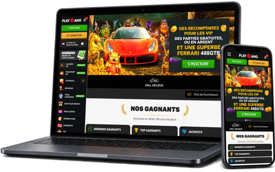 Page d’accueil de PlayAmo sur ordinateur et mobile