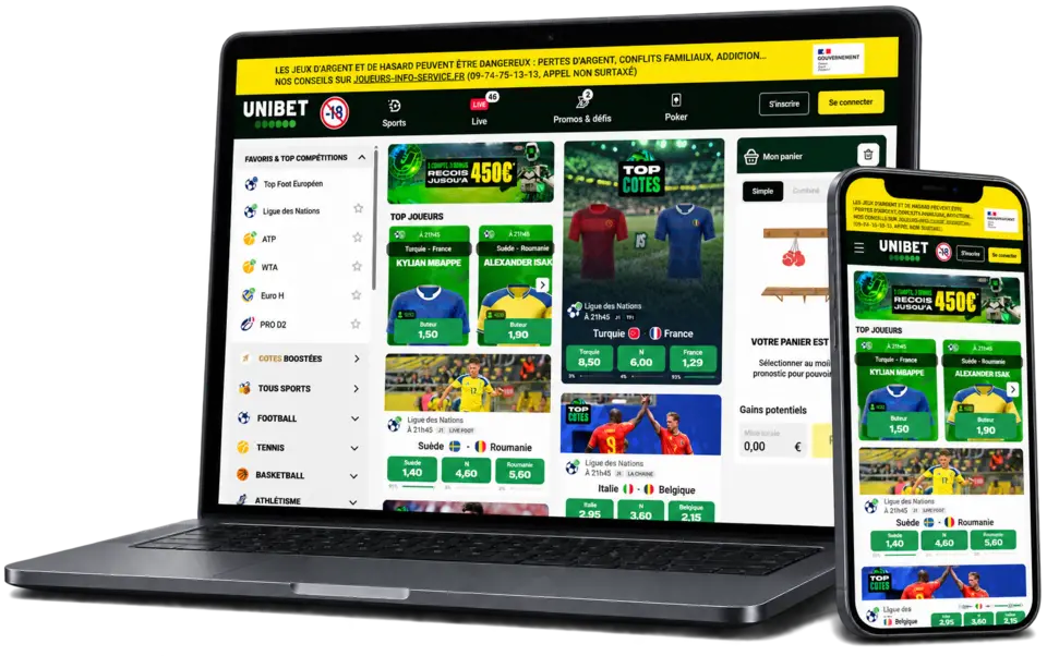Page d’Unibet sur ordinateur et mobile