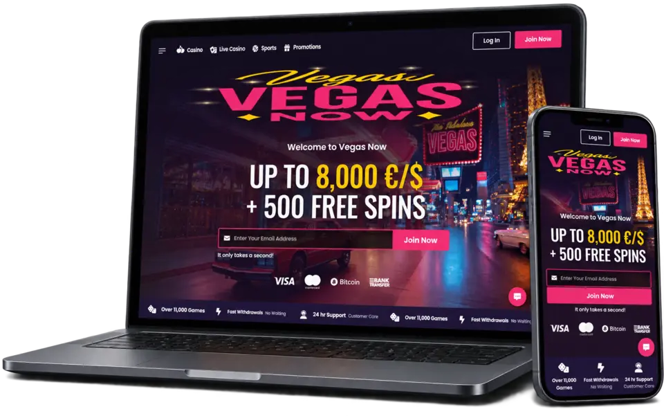 Page d’accueil de Vegas Now sur ordinateur et mobile