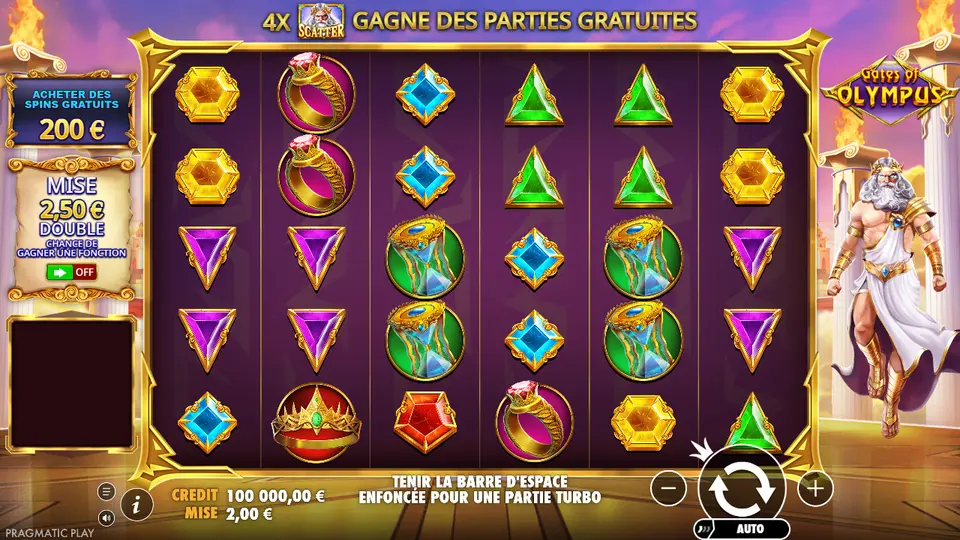 Gates of Olympus en cours de partie : grille de six rouleaux, Zeus à droite, options d’achat et de mise à gauche