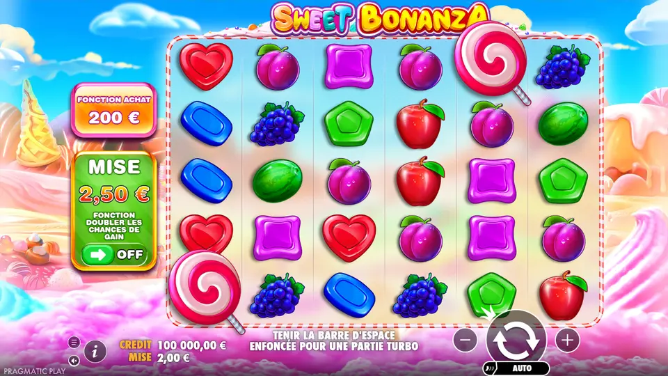 Sweet Bonanza en cours de partie : grille de bonbons et de fruits, options d’achat et de mise à gauche